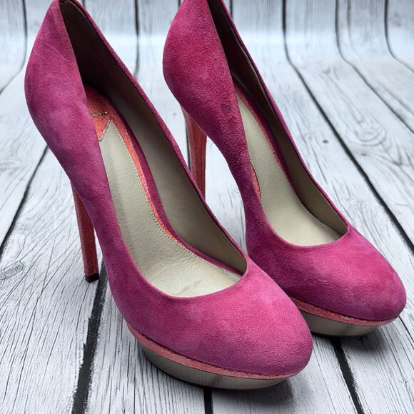 BRIAN ATWOOD Fontanne Suede Pink Orange Platform Stiletto Pumps Size  7 1/2 - Picture 12 of 12